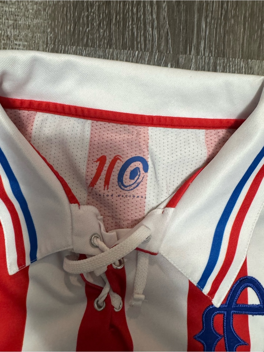 Puma Chivas Red & White Striped mans Soccer Jersey with Blue Accents - Picture 2 of 3